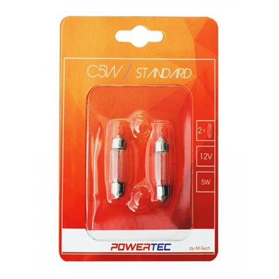 Λαμπάκια Πλαφονιέρας C5W 12V 5W Sv8,5-8 11X36mm Powertec Standard Αλογόνου 2τμχ M-Tech PTZ33-02B/MT